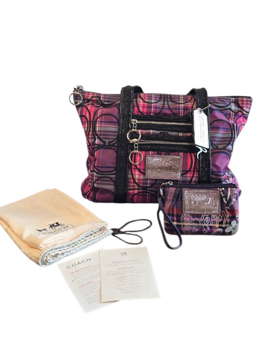 Coach Handbags - Coach Poppy Tartan Glam Purple Magenta  Black Tote Wristlet 2 Piece Set